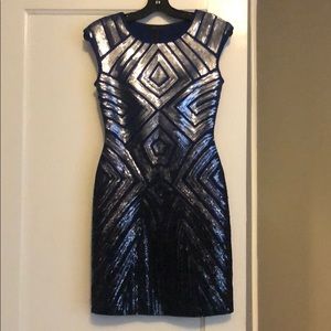 BCBG Blue and Silver Sequin Cocktail Dress